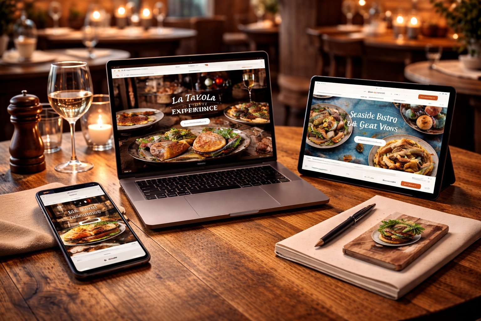 Restaurant website displayed on multiple devices including laptop, tablet, and smartphone on a wooden desk with wine glasses and dining ambiance in background